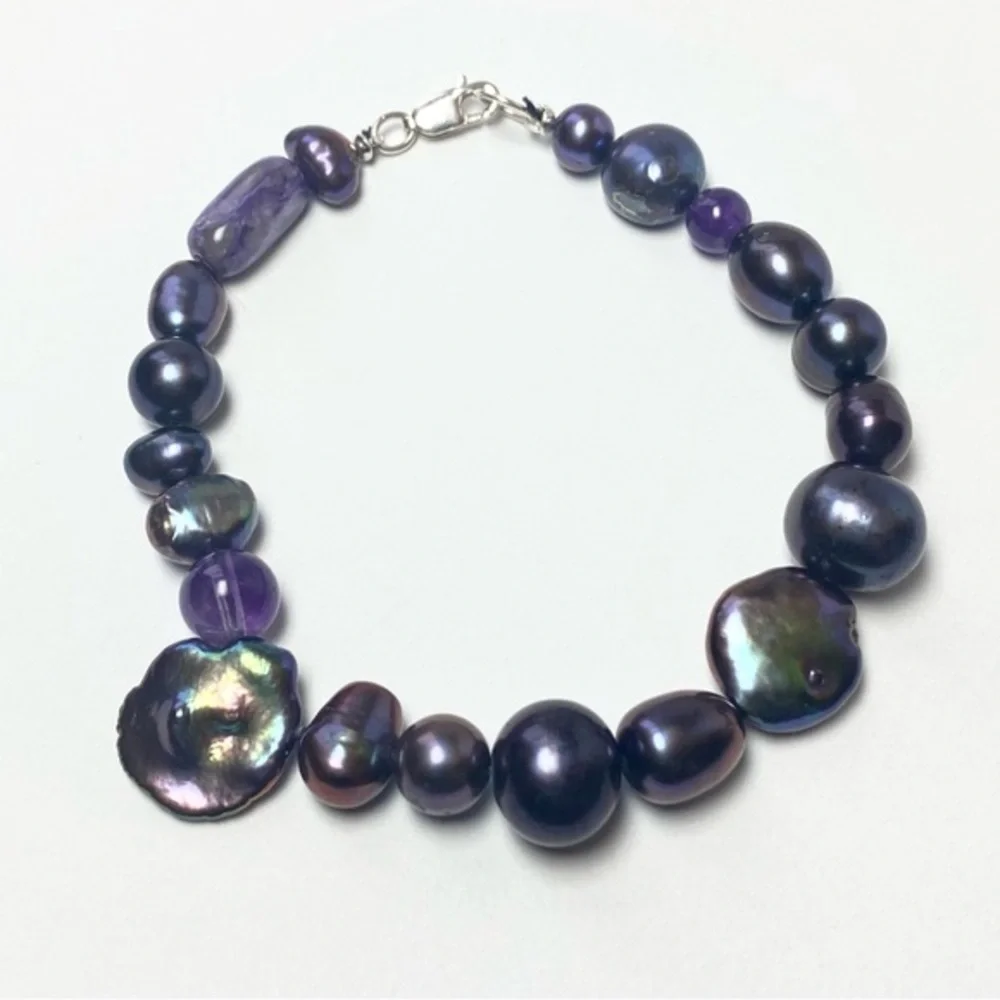 Genuine Freshwater Peacock Baroque Pearls & Amethyst Beads 925 Silver‎ Bracelet